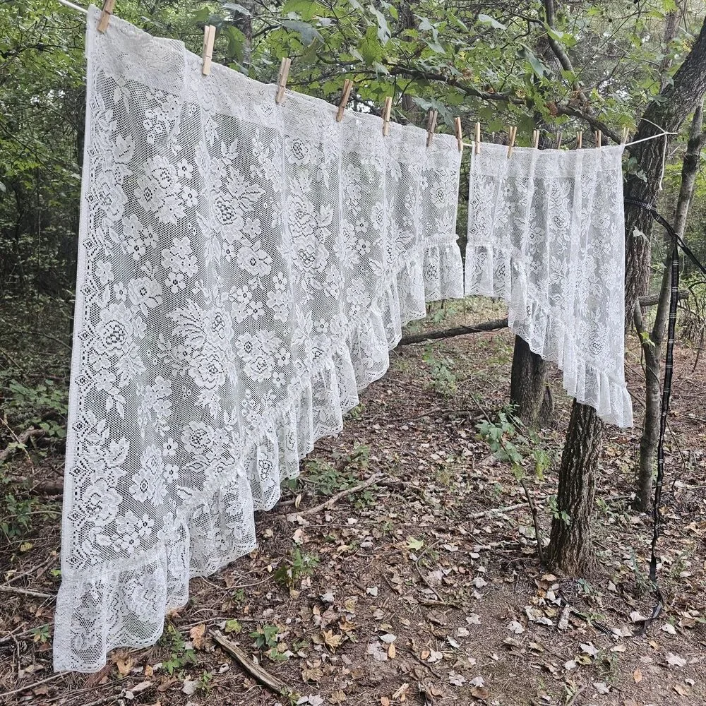 Vintage Light Gray Floral Lace Swag Curtains with Rose Pattern & Ruffle Trim